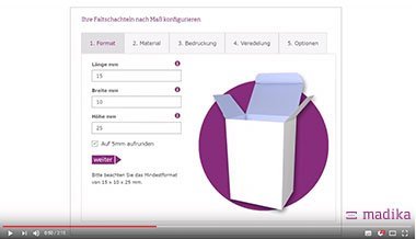 Individuelle Faltschachteln ganz einfach selbst bestellen. Wie es geht, zeigt das kurze Erklärvideo von madika.de.