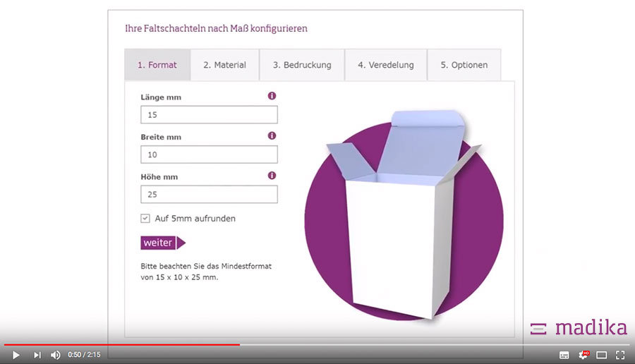 Individuelle Faltschachteln ganz einfach selbst bestellen. Wie es geht, zeigt das kurze Erklärvideo von madika.de.