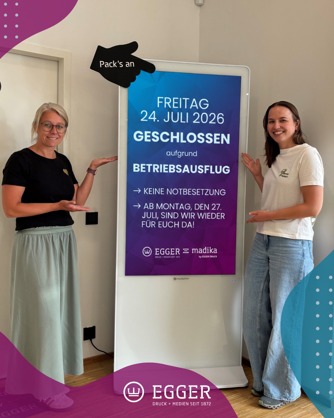 Betriebsausflug – wir sind unterwegs! 🚌
Am Freitag, den 24. Juli, bleibt unser Betrieb komplett geschlossen – auch eine Notbesetzung ist an diesem Tag nicht erreichbar.
Ab Montag, den 27. Juli, sind wir wieder wie gewohnt für euch da. ✨
Wir freuen uns auf einen schönen gemeinsamen Tag mit dem gesamten Team! 😊
#Betriebsausflug #eggerdruck #egger #madika