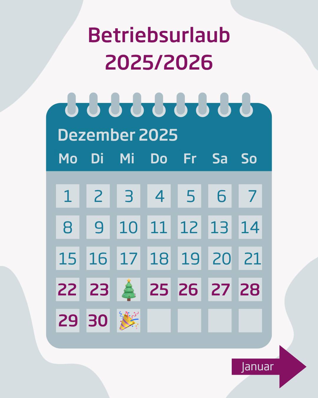 Wir machen Weihnachtspause! 🌟
Vom 22. Dezember bis 5. Januar ist Betriebsurlaub – ab 7. Januar sind wir wieder voller Energie für euch und eure spannenden Verpackungsprojekte da. 🎄
#betriebsurlaub #weihnachtspause #weihnachten #urlaub #pause