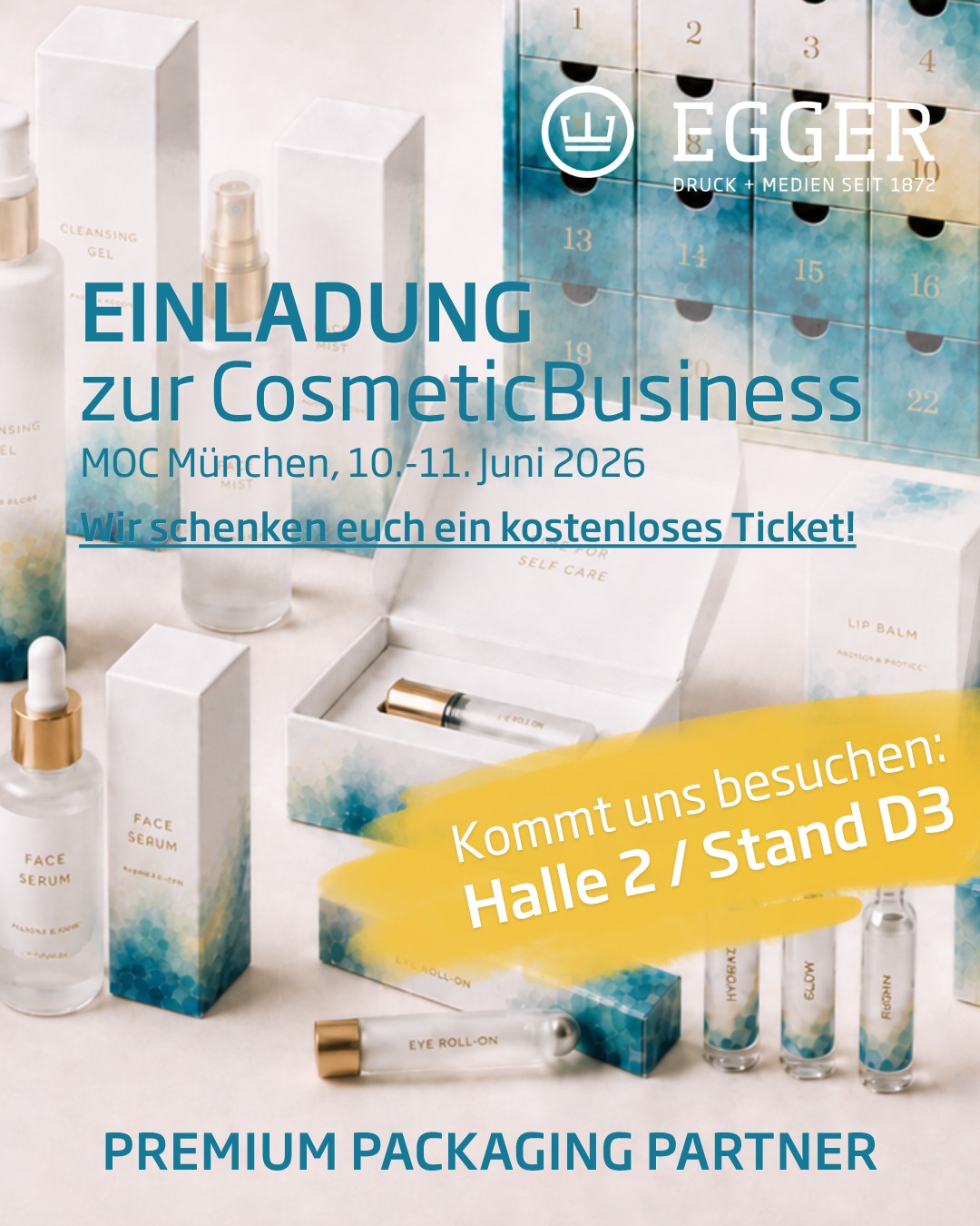 Seid ihr bereit für neue Packaging-Inspirationen?
Am 10. und 11. Juni sind wir auf der CosmeticBusiness in München und zeigen euch, was bei Kosmetikverpackungen alles möglich ist.
Was euch dort erwartet:
✨ Individuelle Beratung durch unsere Verpackungsexperten
✨ kreative, hochwertige Verpackungslösungen für eure Kosmetikprodukte
✨ verschiedenste Beispiele von hochwertigen Hohlwandschachteln über praktische Faltschachteln bis hin zu individuellen Adventskalendern
Ihr findet uns in 📍 Halle 2 | Stand D3. Wir freuen uns auf euch!
Sichert euch vorab euren persönlichen Gesprächstermin und nutzt unseren Gutscheincode CB26#Hello für euer kostenloses Messeticket!
📅 Termin vereinbaren: https://calendly.com/madika/cosmeticbusiness
🎫 Ticket sichern: https://tickets.leipziger-messe.de/nc/cb26