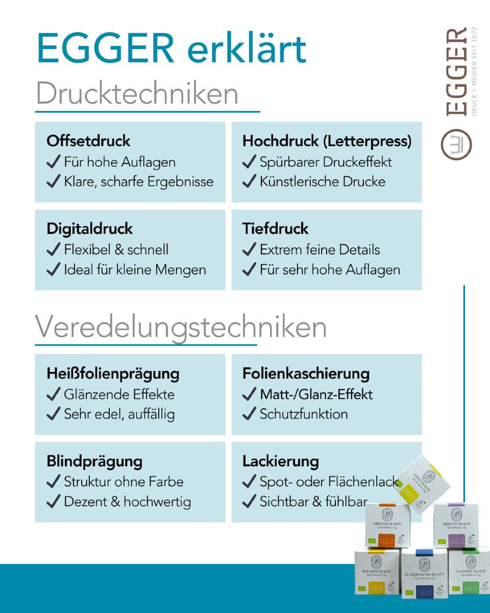 EGGER erklärt: Druck- und Veredelungstechniken auf einen Blick!
Vor einiger Zeit haben wir euch verschiedene Druck- und Veredelungstechniken vorgestellt. Damit ihr alle Infos gebündelt an einem Ort findet, gibt’s hier eine kleine Übersicht.
Welches Verfahren ist euer Favorit – oder habt ihr Fragen zu bestimmten Techniken? Schreibt es gern in die Kommentare! 👇