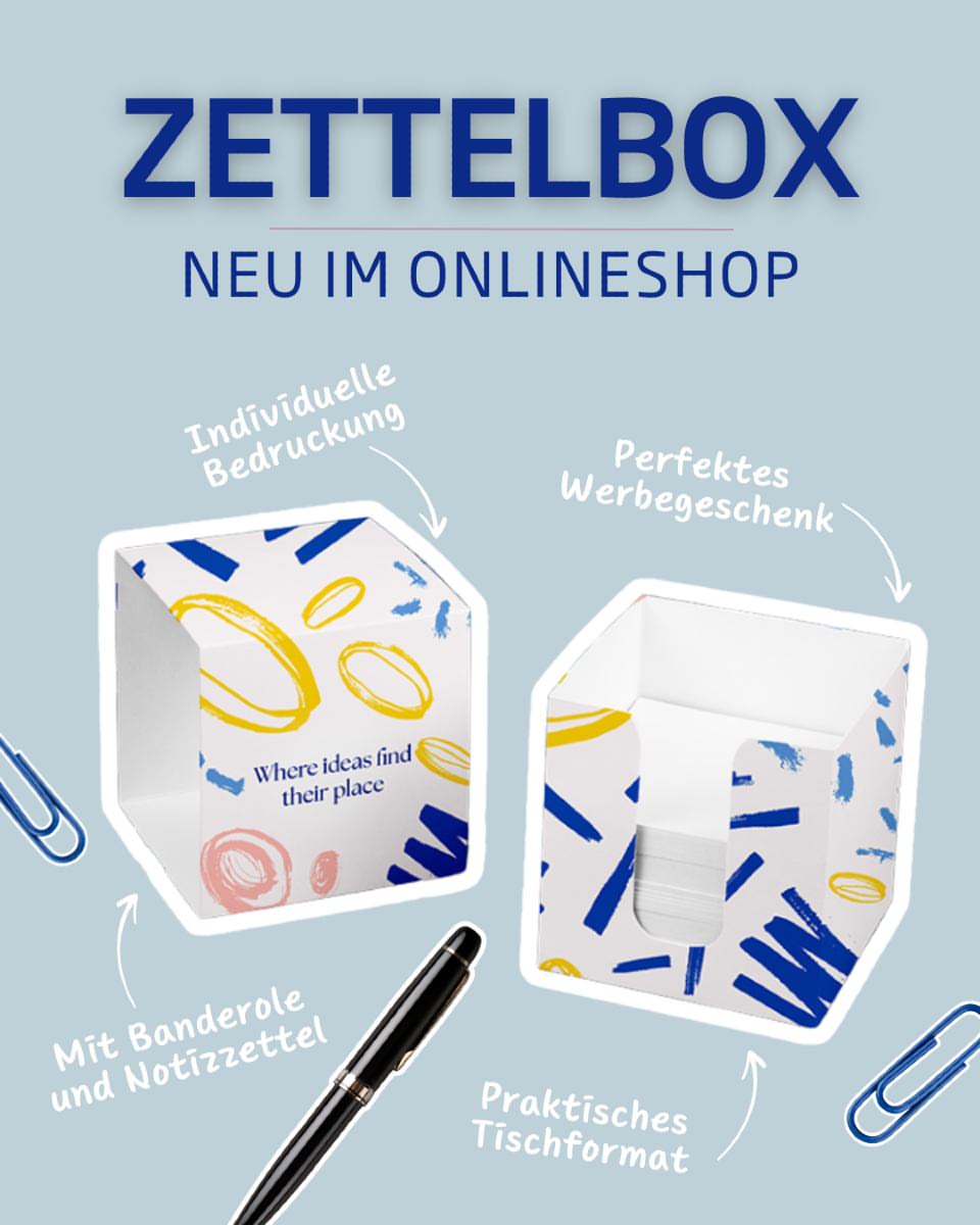 NEU im Onlineshop: Die Zettelbox als täglicher Markenbotschafter!
Sucht ihr nach einem praktischen und stilvollen Werbegeschenk, das eure Marke in den Mittelpunkt rückt? Unsere #Zettelbox mit Banderole und Notizzetteln ist die perfekte Wahl! Mit rund 800 Notizzetteln bleibt euer Branding dauerhaft präsent – auf jedem Schreibtisch! 🖊️📦
Warum unsere Zettelbox?
✅ Individuell bedruckbar – euer Logo, eure Farben, euer Design
✅ Nachhaltige Materialien – Auf Wunsch FSC-zertifiziert & klimaneutral
✅ Flexibel bestellbar – Bereits ab 1 Stück möglich
Jetzt entdecken - den Link findet ihr in den Kommentaren 👇
Habt ihr Fragen oder wünscht eine persönliche Beratung? Wir sind für euch da! 📩📞
